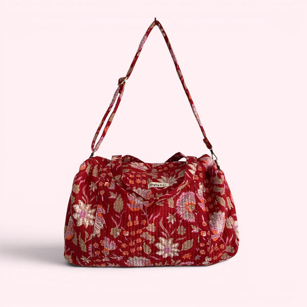 Weekend Duffle Bag | Red Block Print Floral with Long Strap