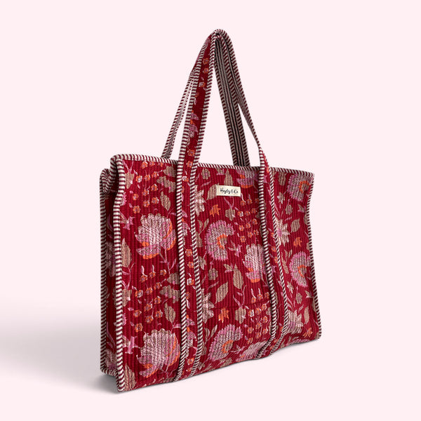 Red Floral Block Print Quilted Cotton Tote Bag