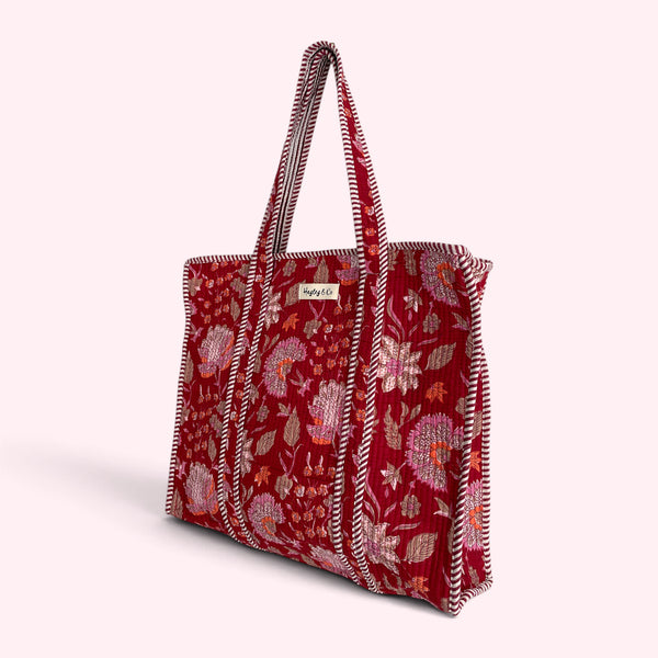 Red Floral Block Print Quilted Cotton Tote Bag