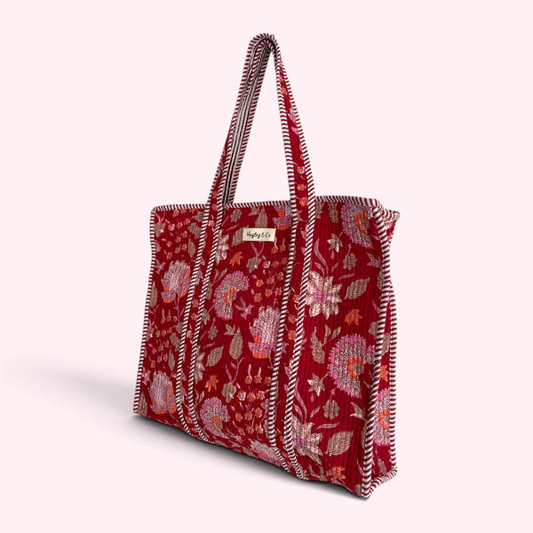 Red Floral Block Print Quilted Cotton Tote Bag