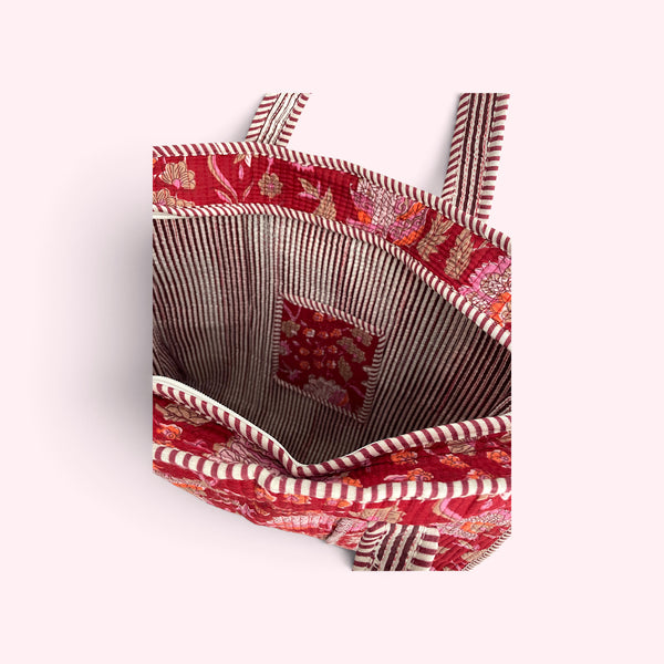 Red Floral Block Print Quilted Cotton Tote Bag