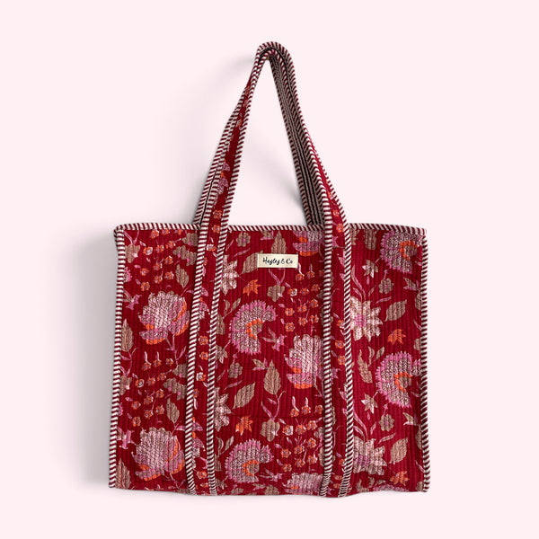 Red Floral Block Print Quilted Cotton Tote Bag