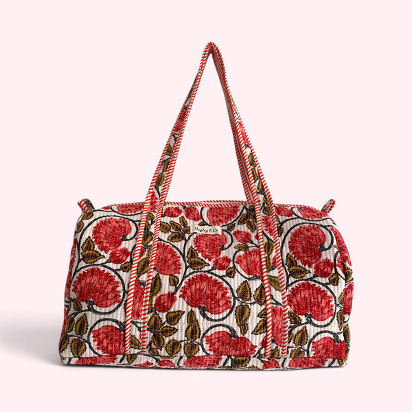 Red Floral Block Print Cotton Quilted Weekend Duffle Bag