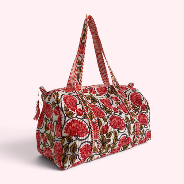 Red Floral Block Print Cotton Quilted Weekend Duffle Bag