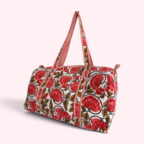 Red Floral Block Print Cotton Quilted Weekend Duffle Bag