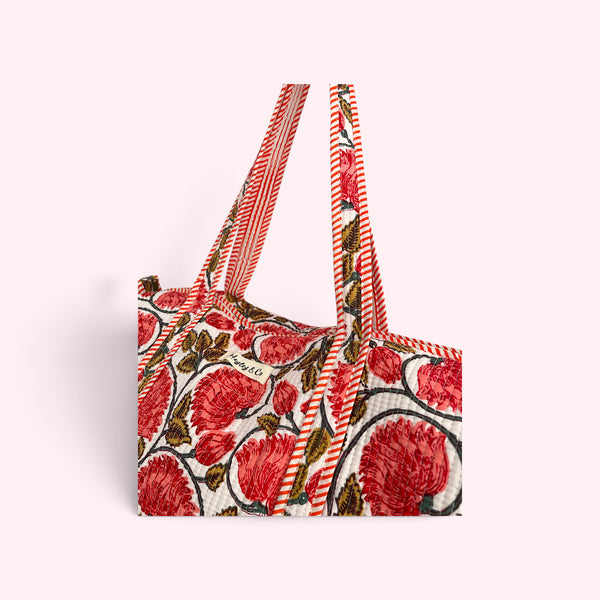 Red Floral Block Print Cotton Quilted Weekend Duffle Bag