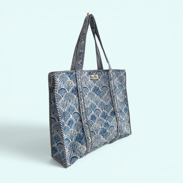 Seashell Blue and White Quilted Cotton Tote Bag