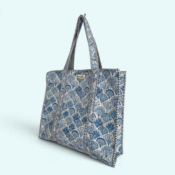 Seashell Blue and White Quilted Cotton Tote Bag