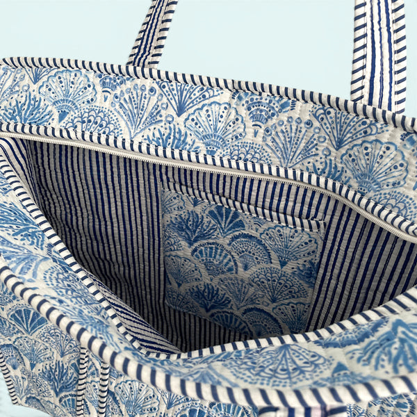 Seashell Blue and White Quilted Cotton Tote Bag