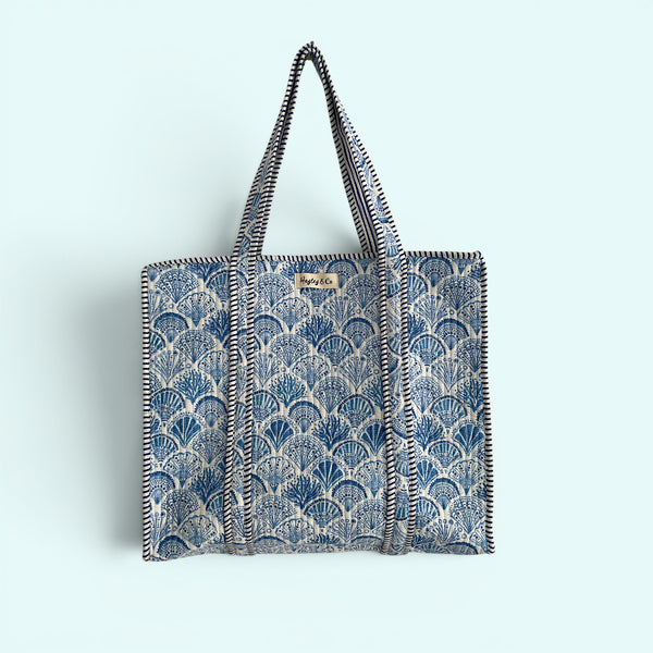 Seashell Blue and White Quilted Cotton Tote Bag