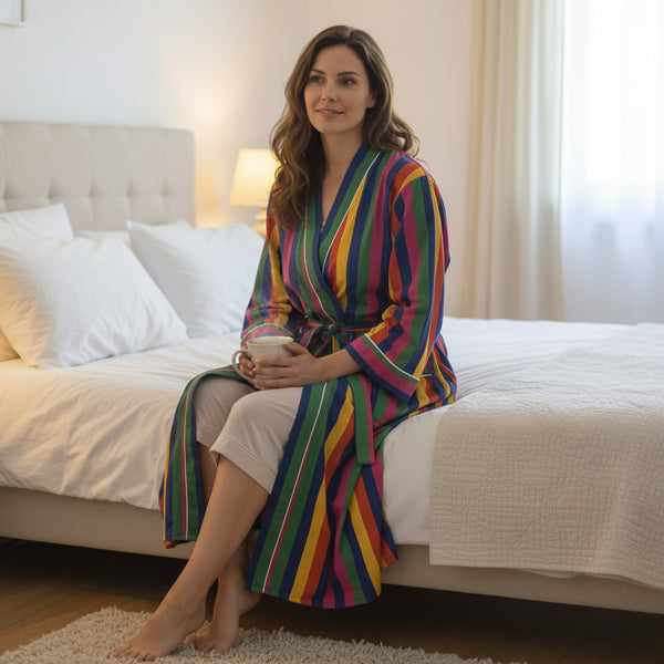 Rainbow Stripe Print 100% Cotton Dressing Gown