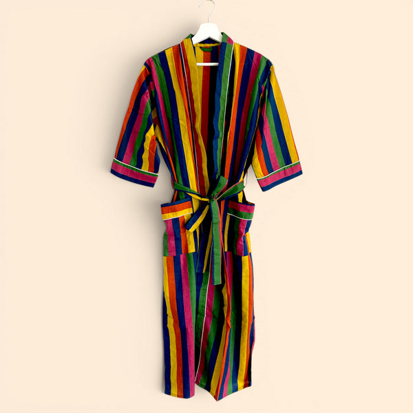 Rainbow Stripe Print 100% Cotton Dressing Gown