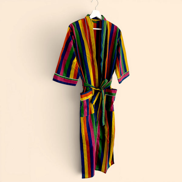 Rainbow Stripe Print 100% Cotton Dressing Gown