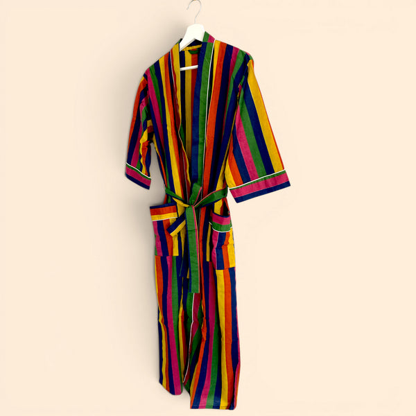 Rainbow Stripe Print 100% Cotton Dressing Gown