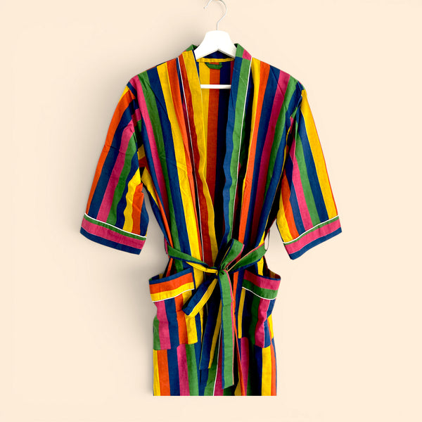 Rainbow Stripe Print 100% Cotton Dressing Gown