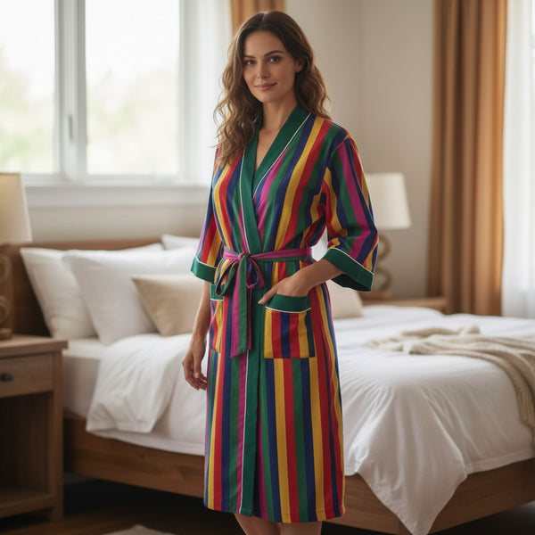 Rainbow Stripe Print 100% Cotton Dressing Gown