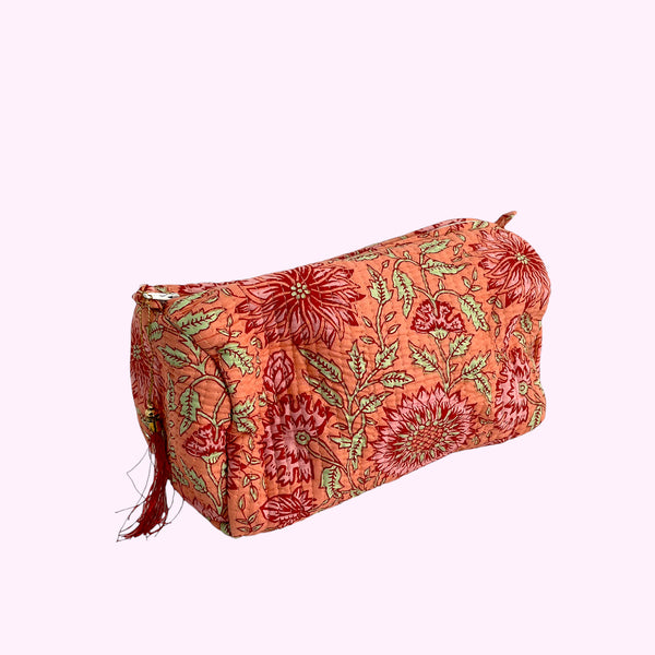 Sunflower Block Print Cotton Washbag, Make Up Bag, Pencil Case with Waterproof Lining - Pink Sunflower Print