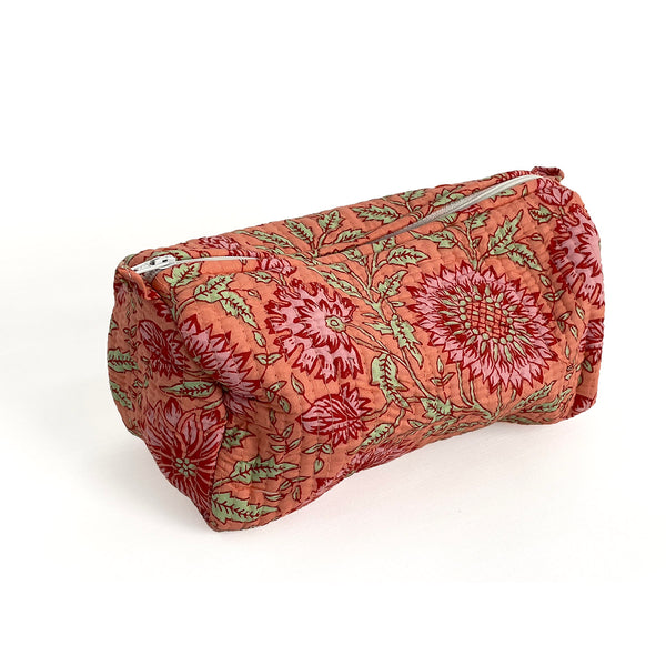 Sunflower Block Print Cotton Washbag, Make Up Bag, Pencil Case with Waterproof Lining - Pink Sunflower Print