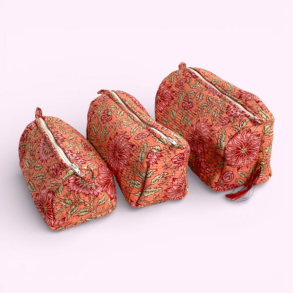 Sunflower Block Print Cotton Washbag, Make Up Bag, Pencil Case with Waterproof Lining - Pink Sunflower Print