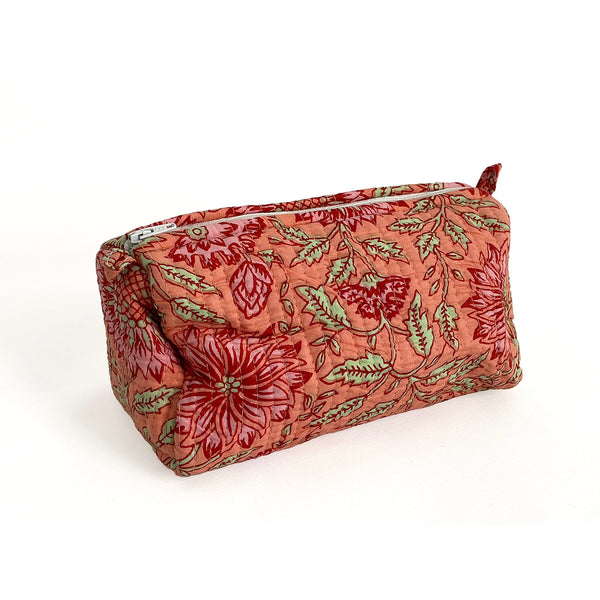 Sunflower Block Print Cotton Washbag, Make Up Bag, Pencil Case with Waterproof Lining - Pink Sunflower Print