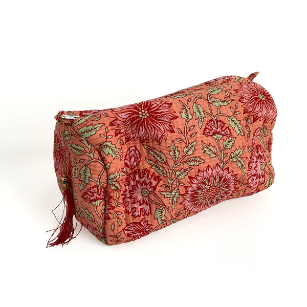 Sunflower Block Print Cotton Washbag, Make Up Bag, Pencil Case with Waterproof Lining - Pink Sunflower Print