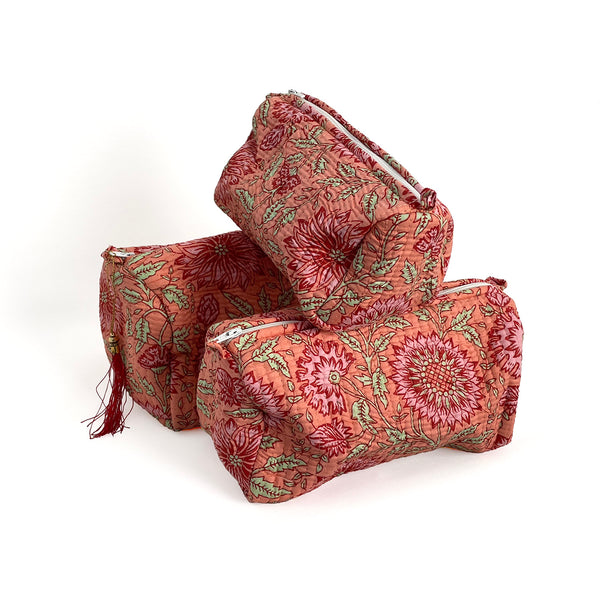 Sunflower Block Print Cotton Washbag, Make Up Bag, Pencil Case with Waterproof Lining - Pink Sunflower Print