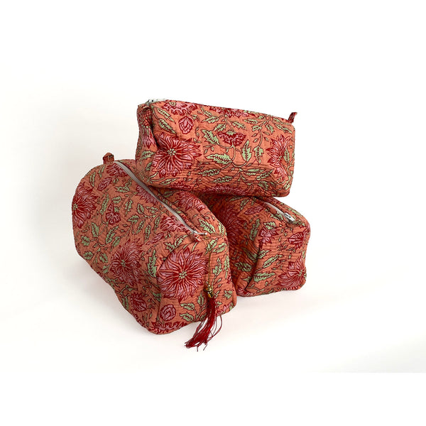 Sunflower Block Print Cotton Washbag, Make Up Bag, Pencil Case with Waterproof Lining - Pink Sunflower Print