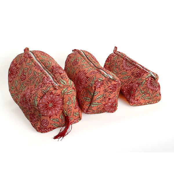 Sunflower Block Print Cotton Washbag, Make Up Bag, Pencil Case with Waterproof Lining - Pink Sunflower Print