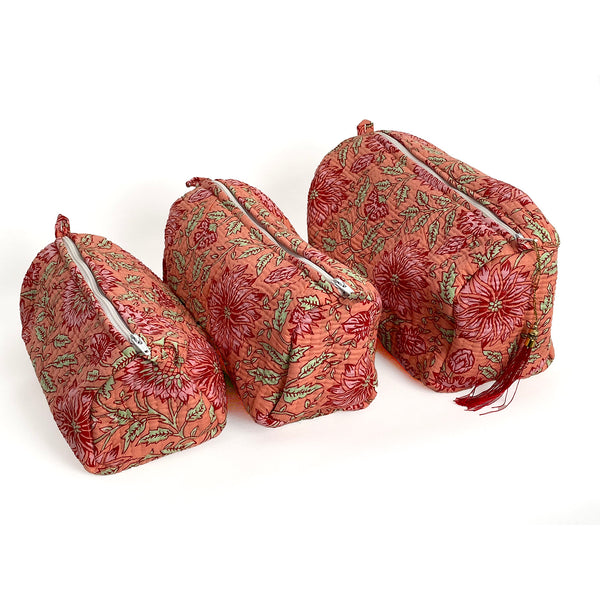 Sunflower Block Print Cotton Washbag, Make Up Bag, Pencil Case with Waterproof Lining - Pink Sunflower Print