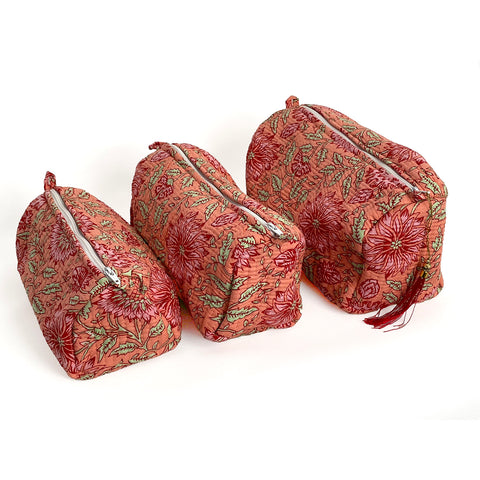 Sunflower Block Print Cotton Washbag, Make Up Bag, Pencil Case with Waterproof Lining - Pink Sunflower Print