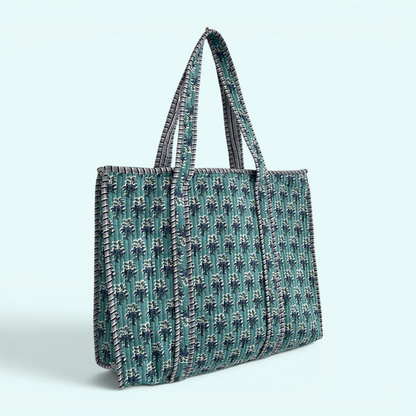 Teal Ditsy Floral Quilted Cotton Tote Bag