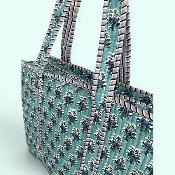 Teal Ditsy Floral Quilted Cotton Tote Bag