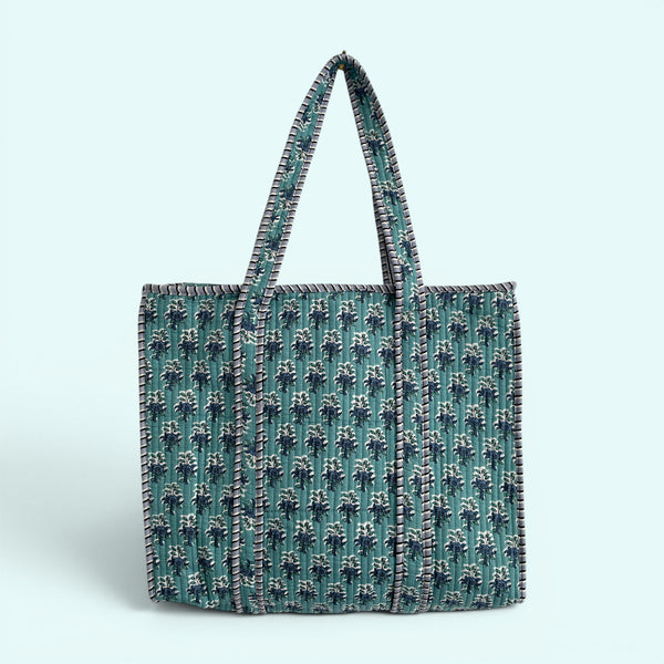 Teal Ditsy Floral Quilted Cotton Tote Bag