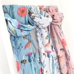 thisle print scarf in pale blue, light grey or pale pink