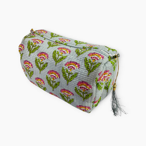 Garden Flower Block Print Cotton Washbag, Make Up Bag, Pencil Case with Waterproof Lining - Pale Pastel Floral Print