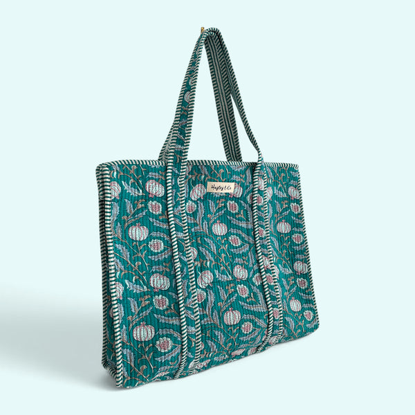 Teal Floral Block Print Quilted Cotton Tote Bag