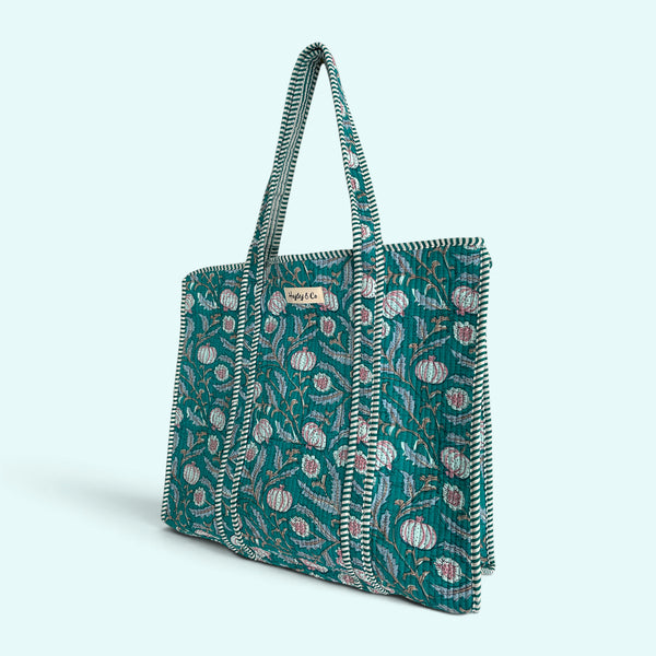 Teal Floral Block Print Quilted Cotton Tote Bag