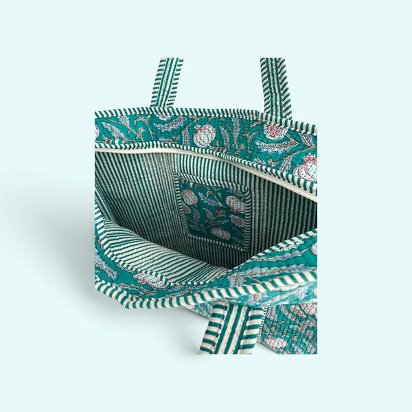 Teal Floral Block Print Quilted Cotton Tote Bag