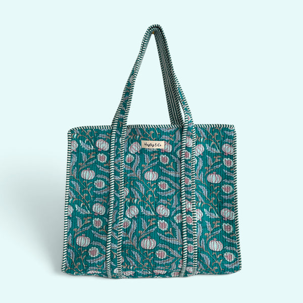 Teal Floral Block Print Quilted Cotton Tote Bag