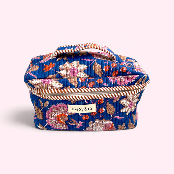 Vanity Bag - Quilted Cotton Toiletry Bag in Blue and Pink Floral Block Print
