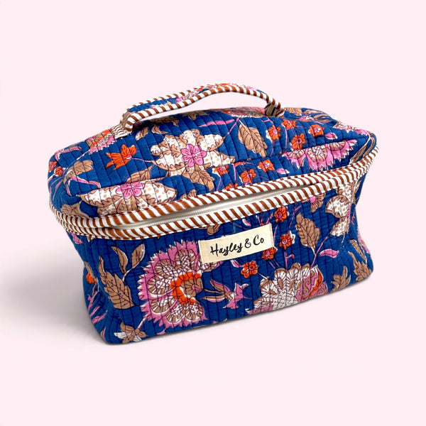 Vanity Bag - Quilted Cotton Toiletry Bag in Blue and Pink Floral Block Print