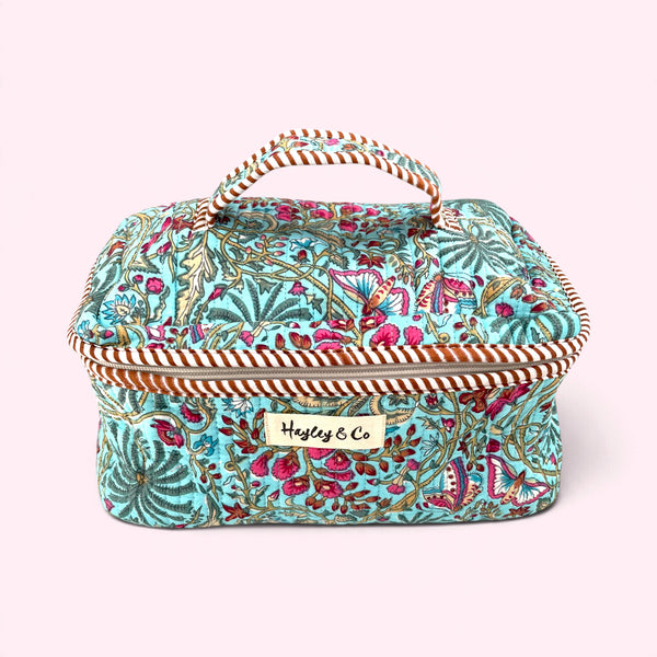 Vanity Bag - Quilted Cotton Toiletry Bag in Turquoise Block Print