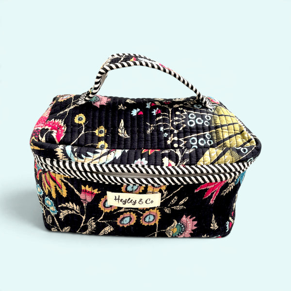 Vanity Bag - Quilted Cotton Toiletry Bag in Black Floral