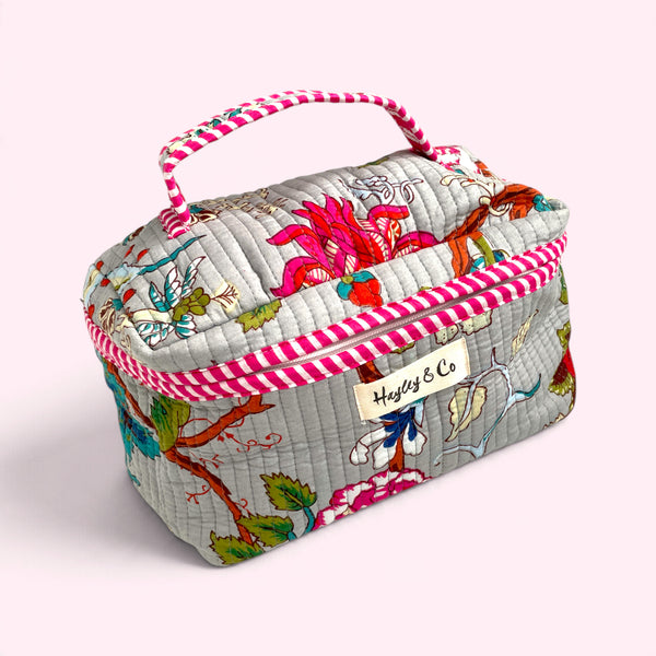 Vanity Bag - Quilted Cotton Toiletry Bag in Grey Floral