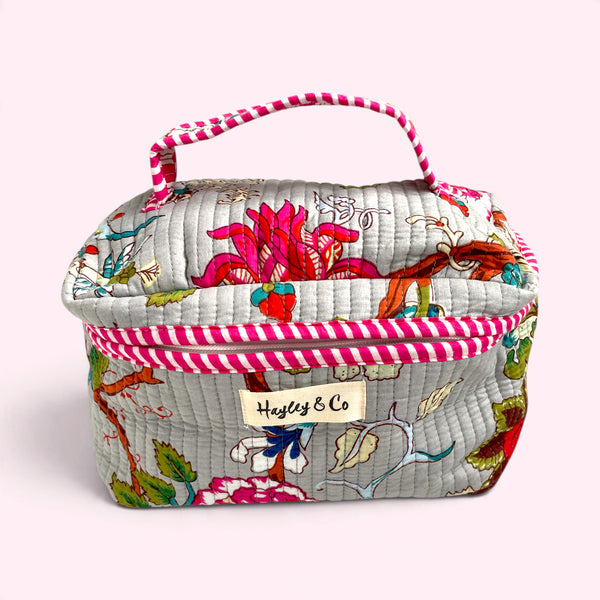 Vanity Bag - Quilted Cotton Toiletry Bag in Grey Floral