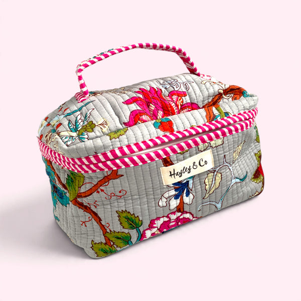 Vanity Bag - Quilted Cotton Toiletry Bag in Grey Floral