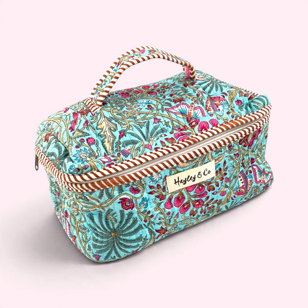Vanity Bag - Quilted Cotton Toiletry Bag in Turquoise Block Print