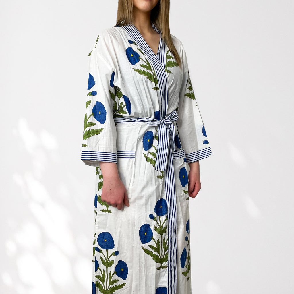 White and Blue Flower Print 100% Cotton Dressing Gown – Hayley&Co