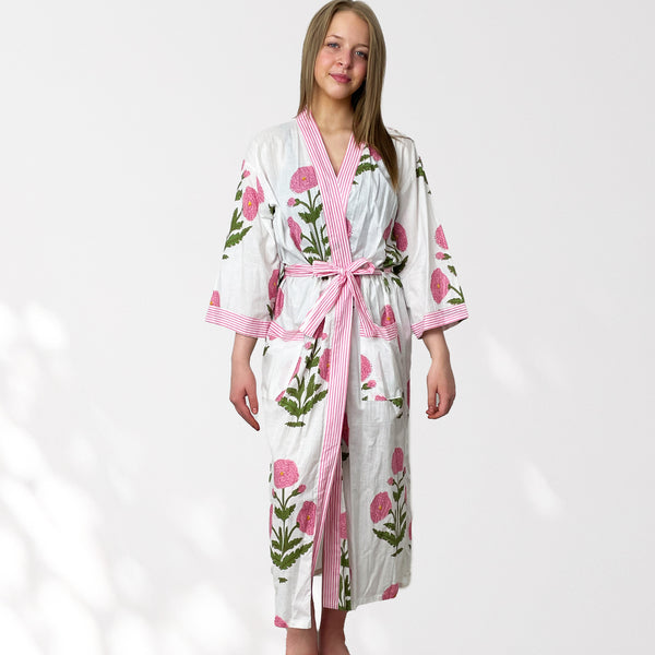 White and Pink Flower Print 100% Cotton Dressing Gown