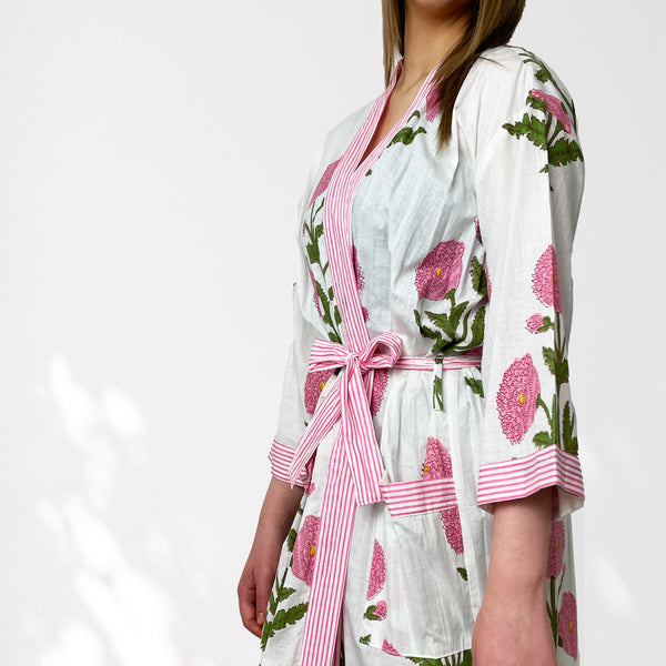 White and Pink Flower Print 100% Cotton Dressing Gown